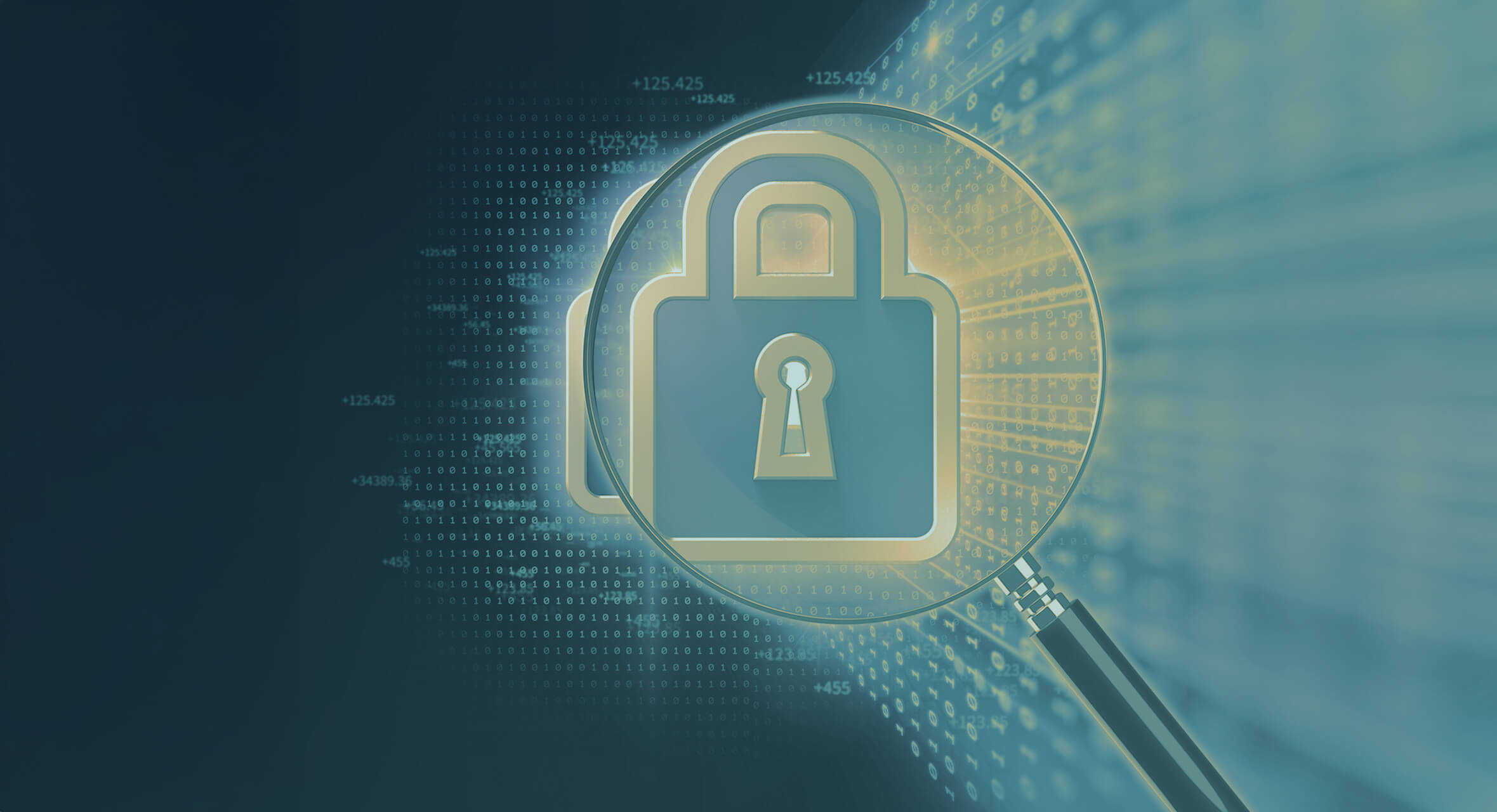 Magnifying glass highlights a padlock symbol representing SSL security against a background of binary code and data streams.