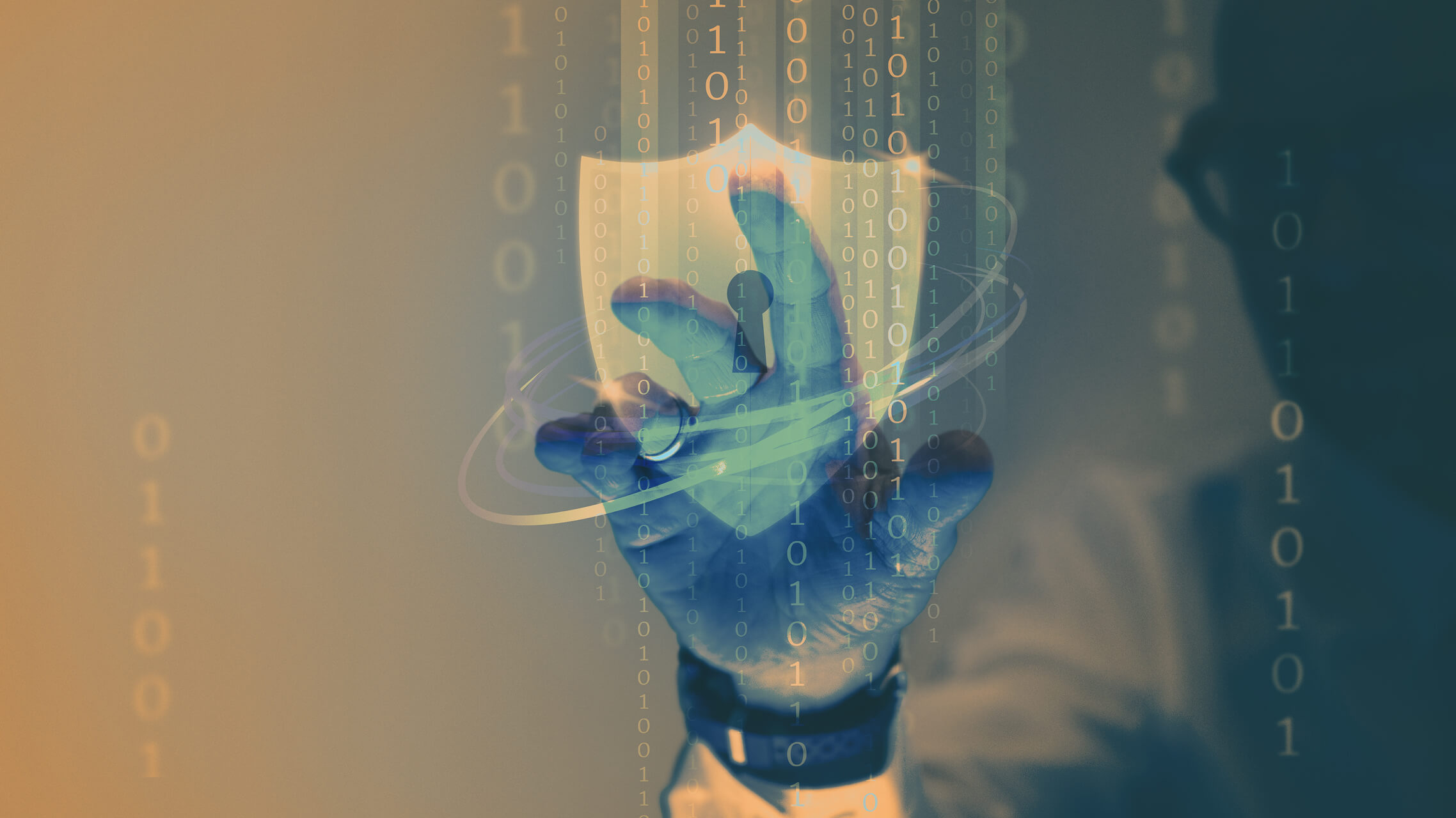 A hand interacts with a digital shield and binary code, symbolizing AI-driven cybersecurity threats and industry