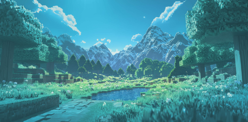 A pixelated Minecraft landscape featuring mountains, trees, a river, and a bright blue sky with clouds.