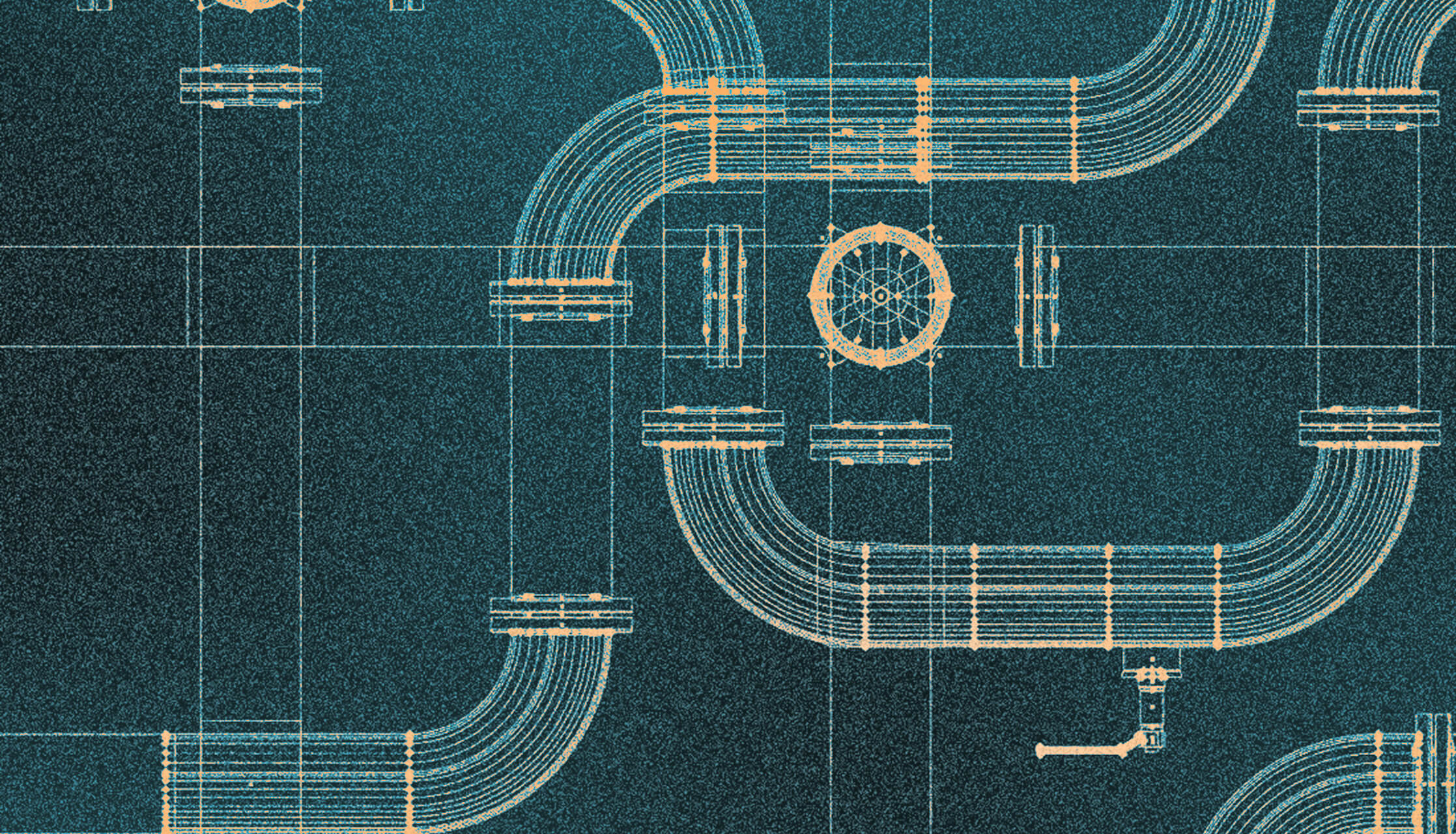 Blueprint-style illustration of interconnected pipes and valves representing critical infrastructure security.
