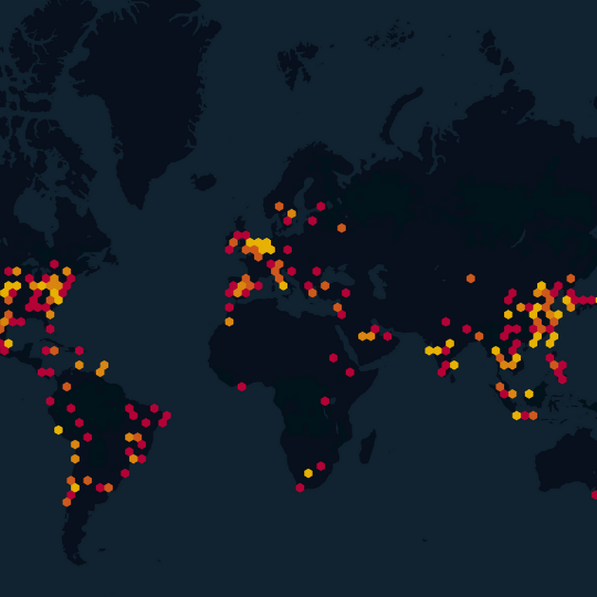 Graphic of red, yellow, and orange dots across the globe