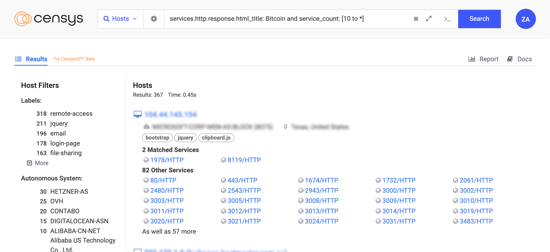 Matched Services Censys Bitcoin Search