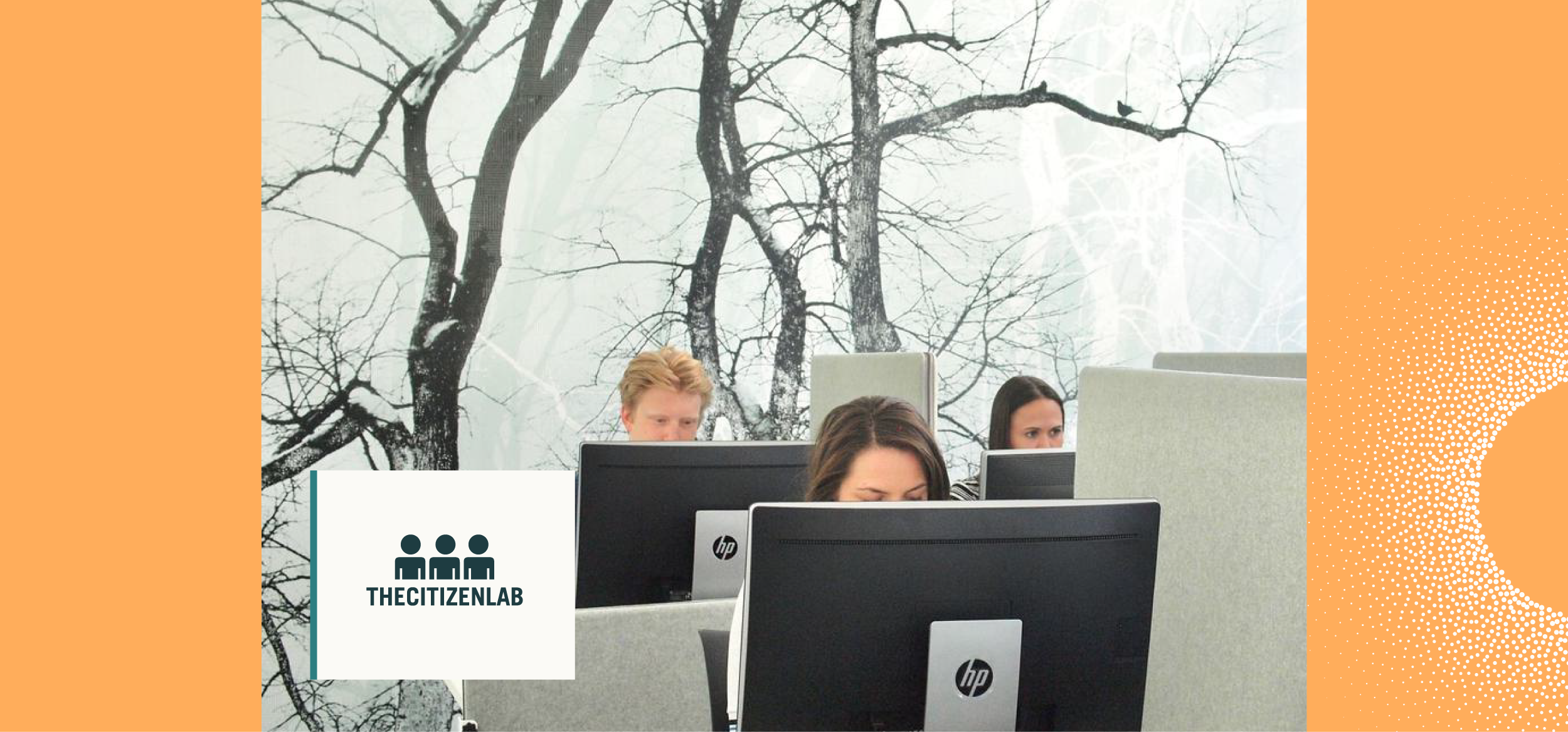 People working on computers in an office with a tree mural background and a "THECITIZENLAB" logo in the foreground.