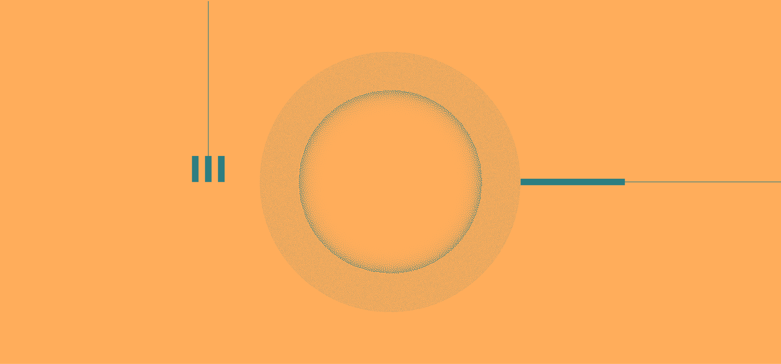 Abstract graphic with concentric circles and vertical lines on an orange background.