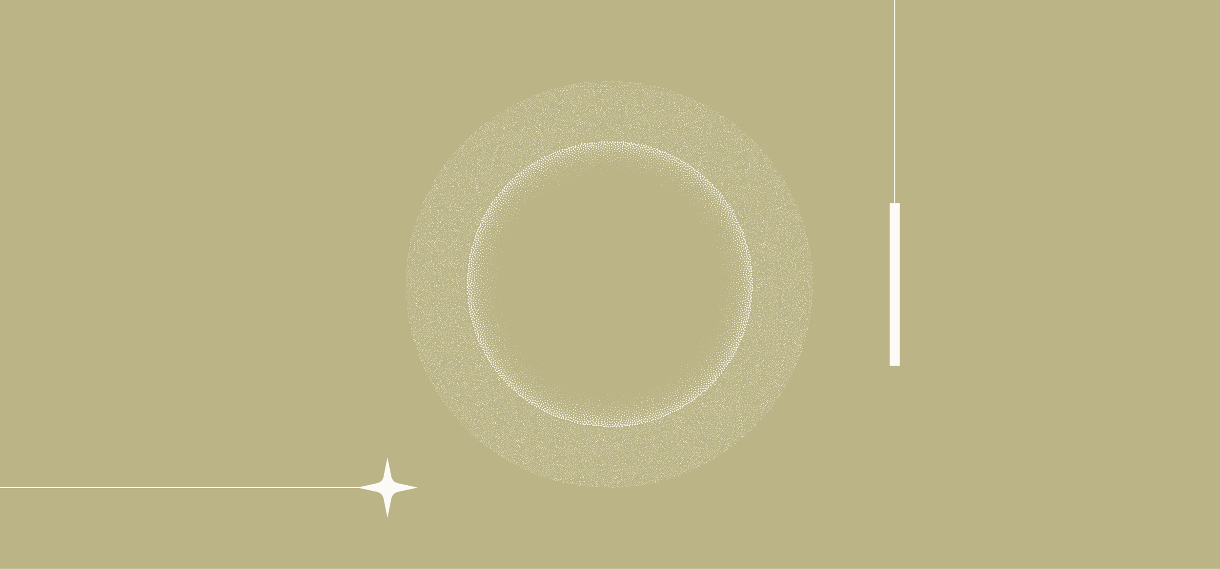 A beige background features a dotted circular pattern with a vertical white bar and a small star-like shape in the lower