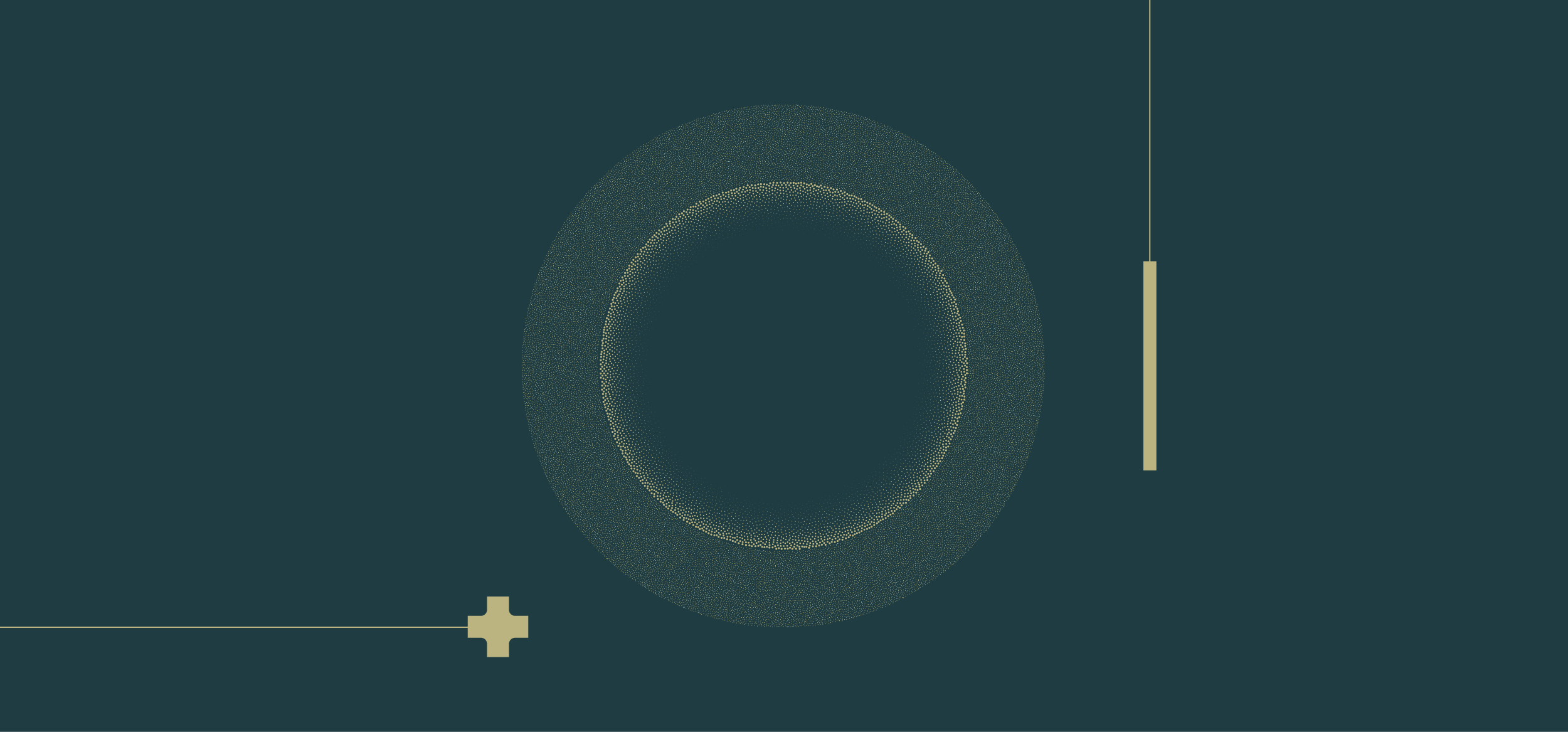 Abstract digital graphic with concentric circles and geometric shapes on a dark background.