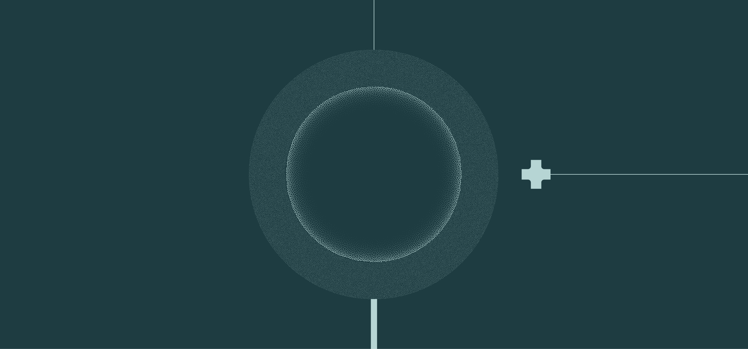A dark teal background features a central dotted circle with lines extending outward, resembling a modern infographic or