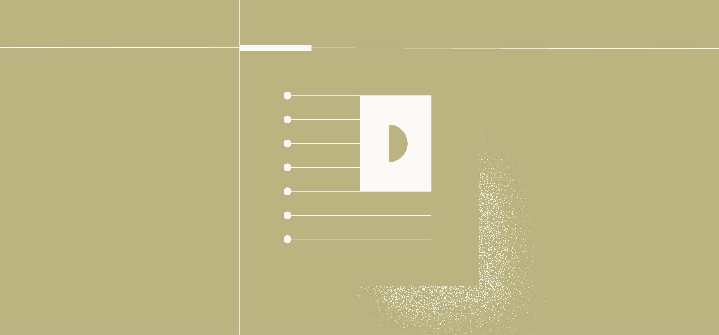 A beige background features a white icon of a document with a semi-circular cutout, accompanied by six labeled lines.