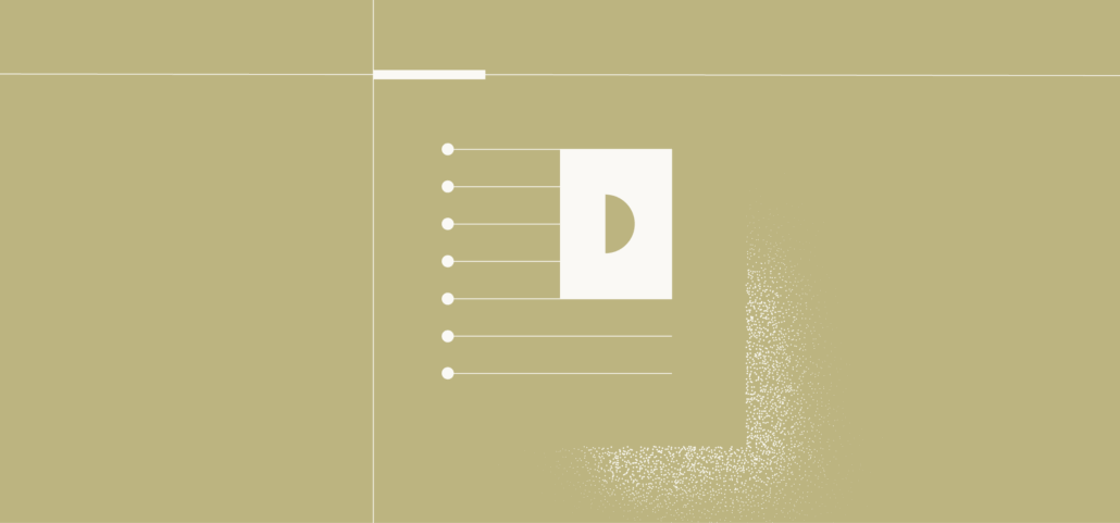A beige background features a white icon of a document with a semi-circle cutout, accompanied by labeled lines on the left.