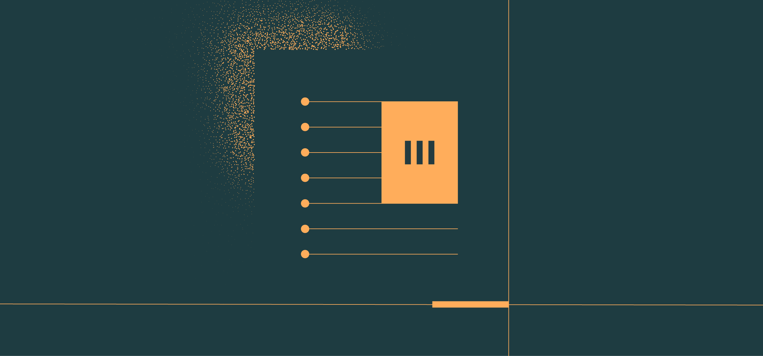A digital illustration of a bar chart with data points on the left and a large orange bar on the right against a dark