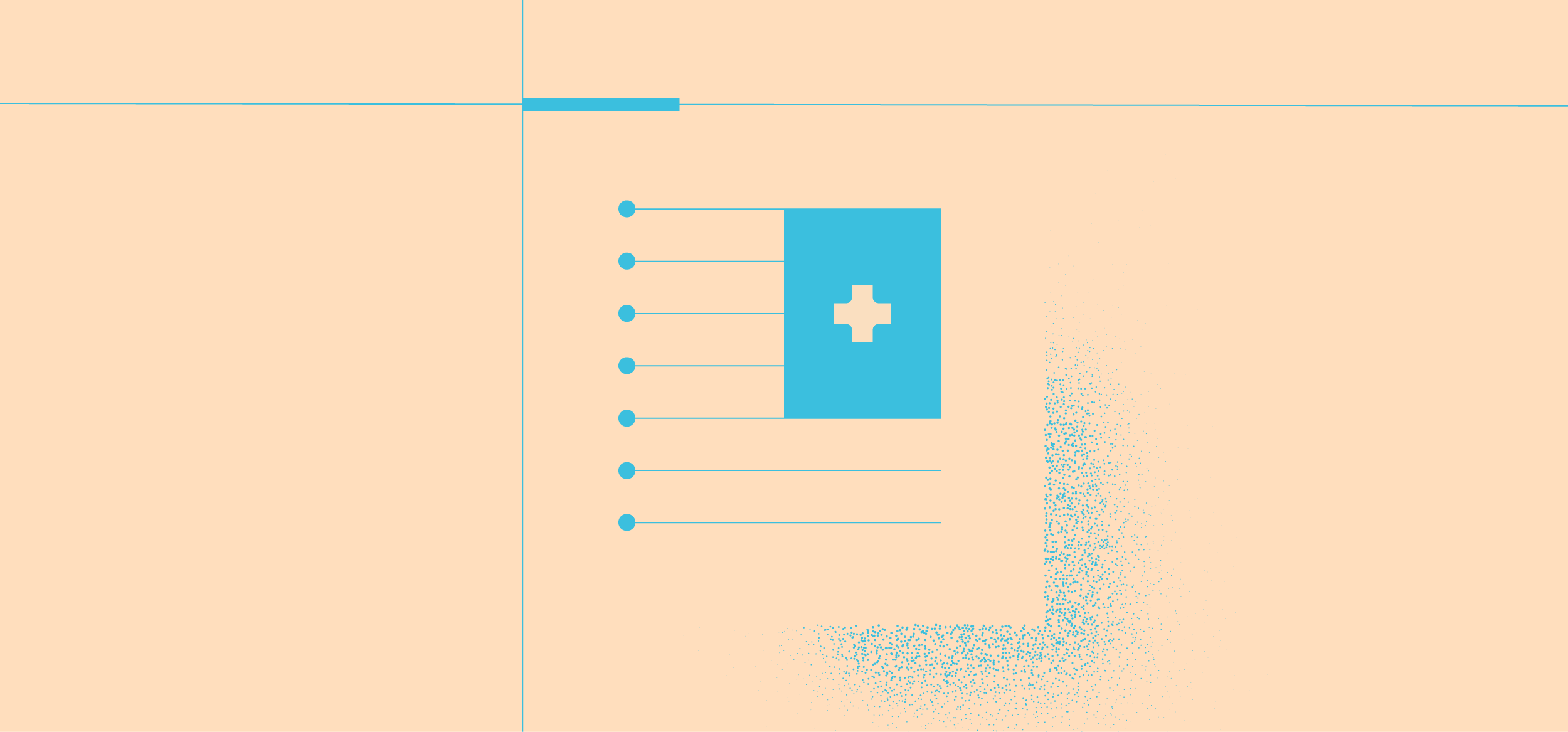 A blue medical kit with a white cross icon on a peach background, connected to six labeled points.