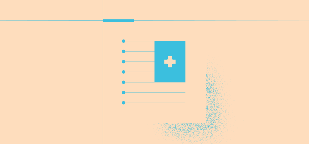 A blue medical kit with a white cross icon on a peach background, connected to six labeled points.