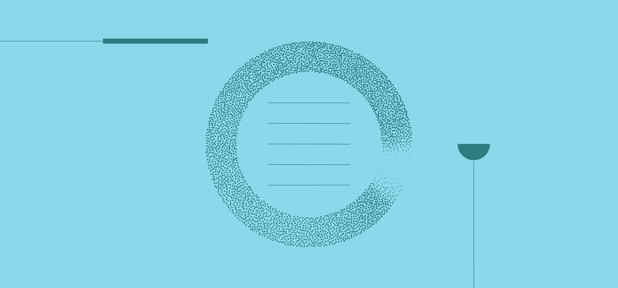 A dotted circle with lines inside, surrounded by abstract shapes on a light blue background.