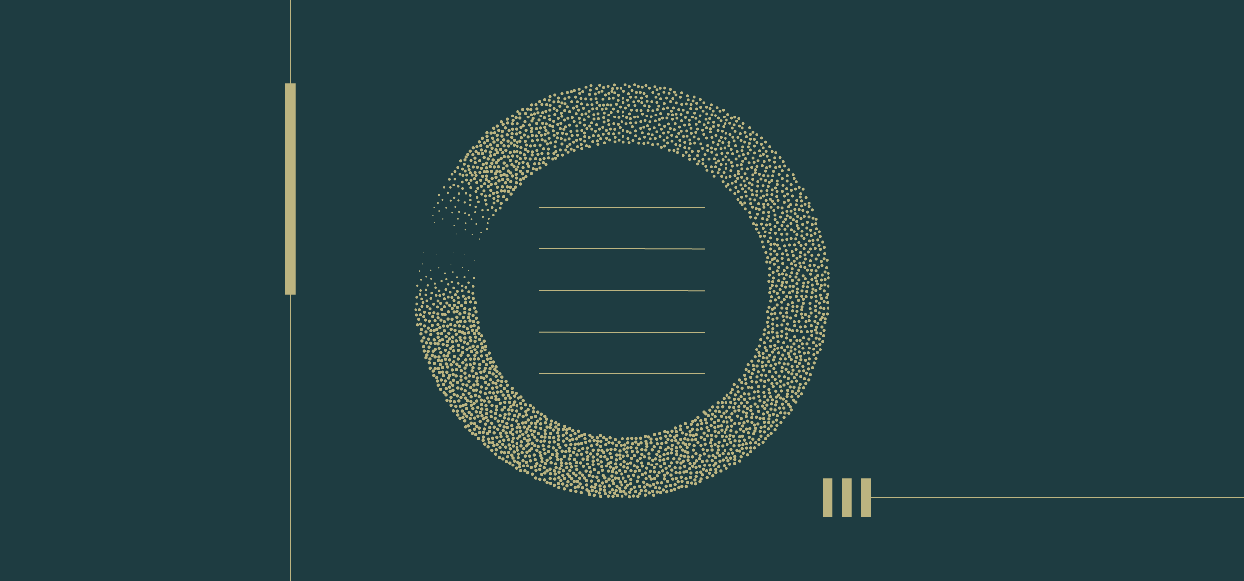 A digital illustration of a circular infographic with lines of text inside, surrounded by dotted patterns on a dark