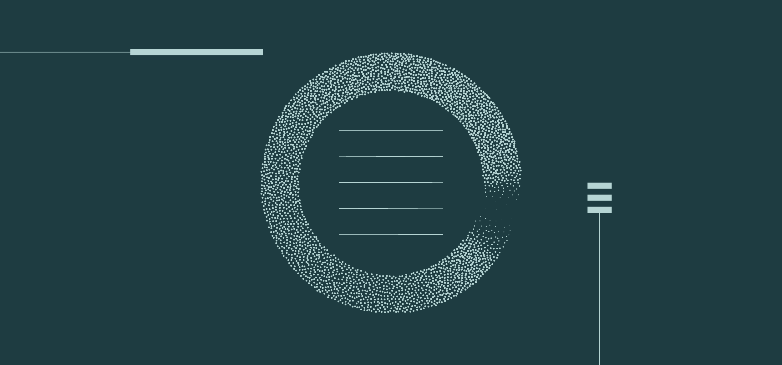 A digital infographic features a circular chart with dotted patterns and horizontal lines inside, set against a dark