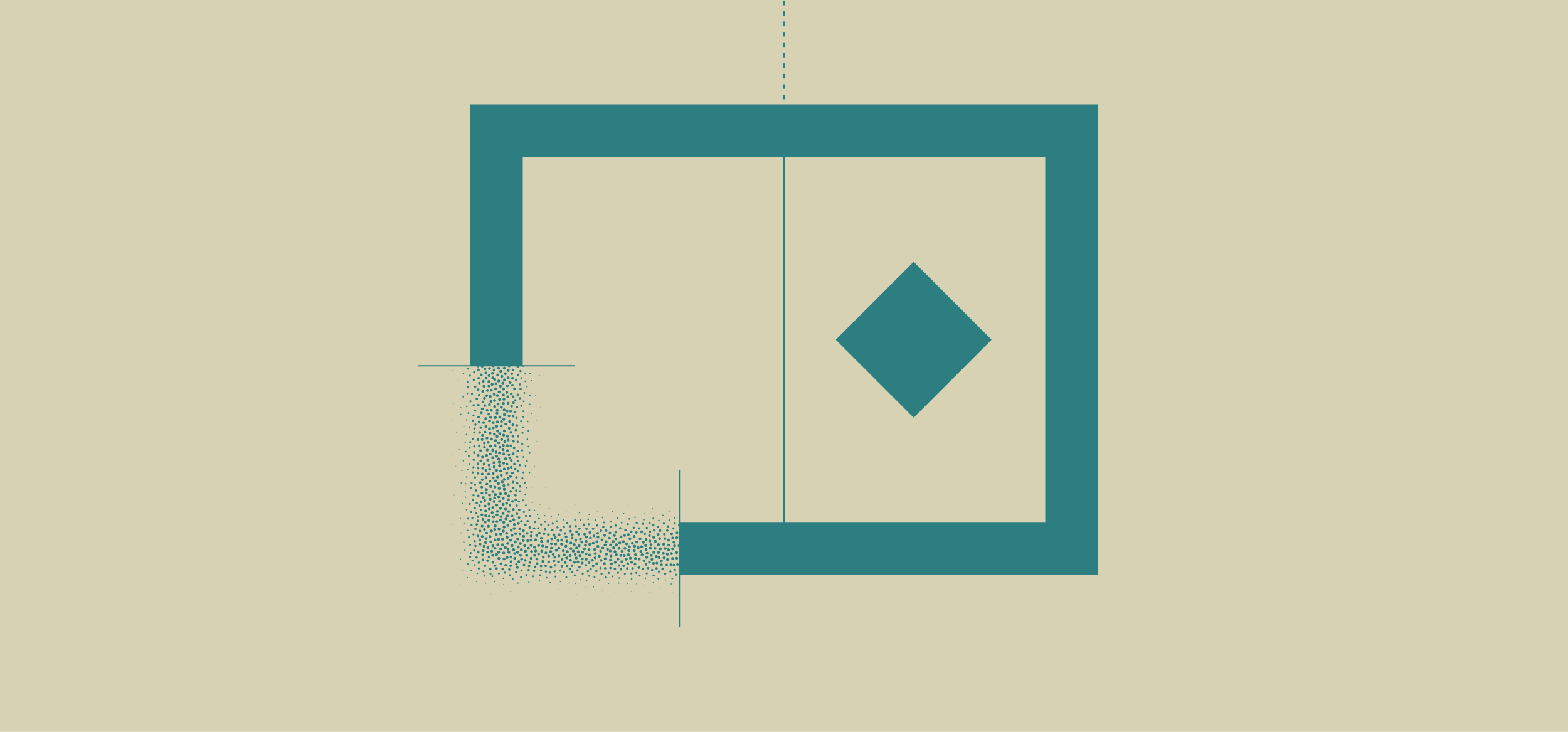 Abstract geometric illustration with a large teal square, a diamond shape, and dotted patterns on a beige background.