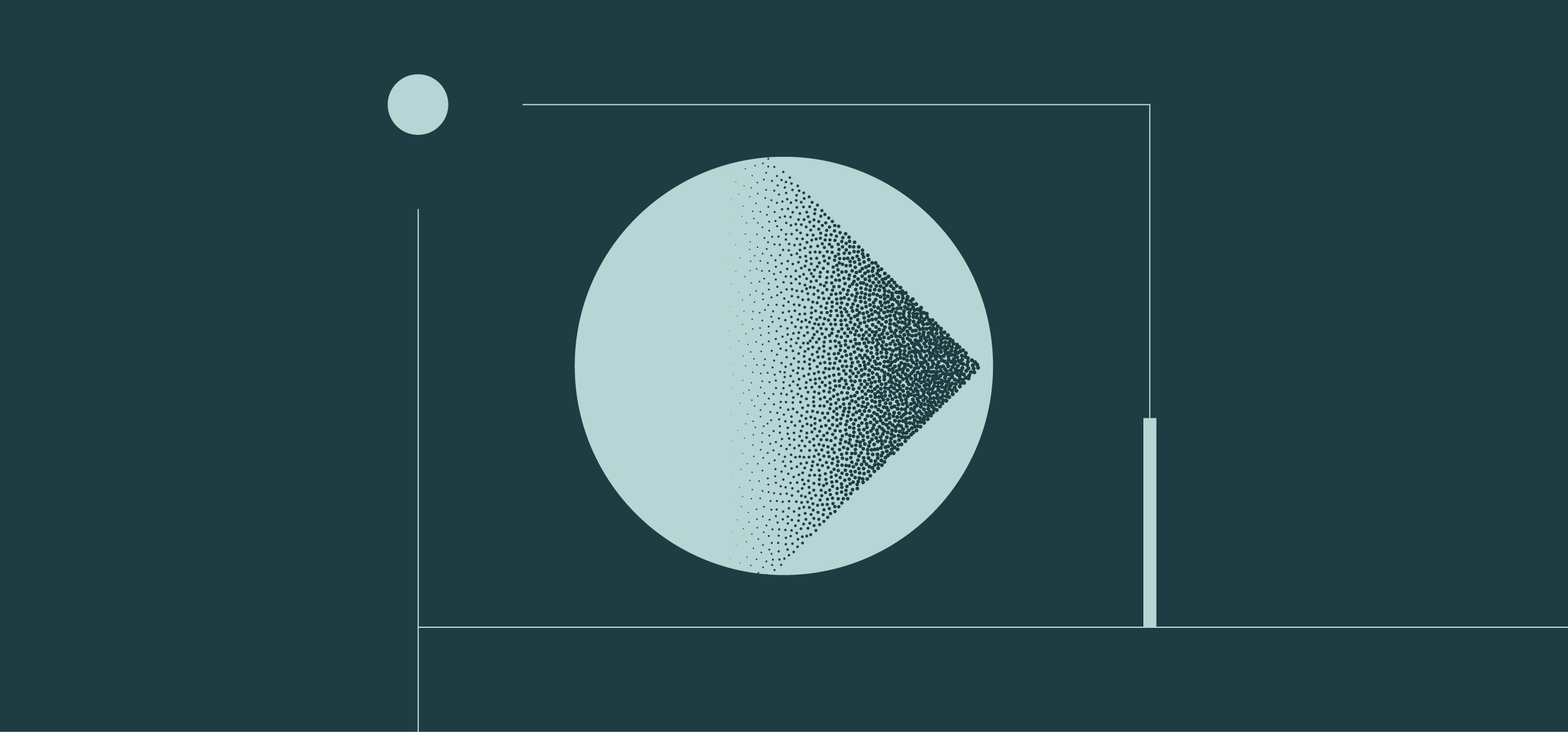 Abstract digital artwork featuring a play button within a dotted circle on a dark teal background.