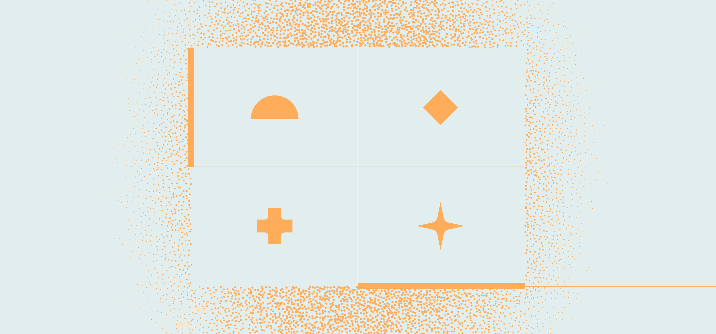 Abstract graphic with four orange geometric shapes on a light blue background.