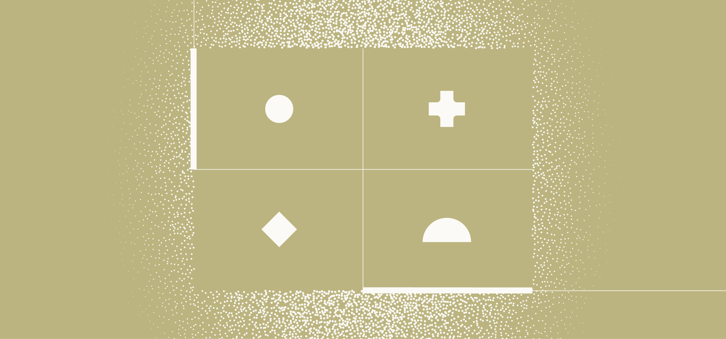 Abstract graphic with four shapes: circle, cross, diamond, and semi-circle on a beige background.