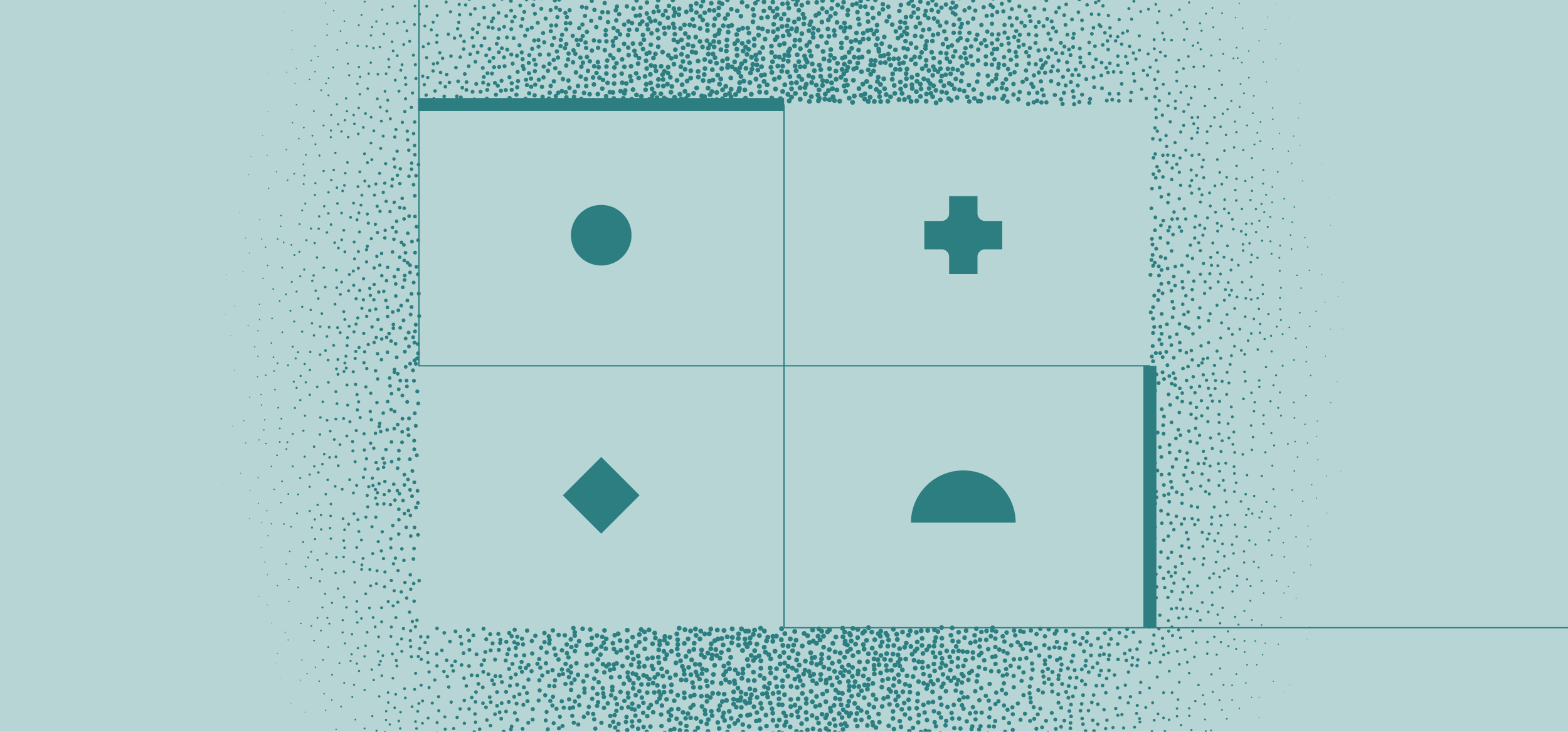 Abstract graphic with four shapes: circle, plus sign, diamond, and semi-circle on a dotted background.