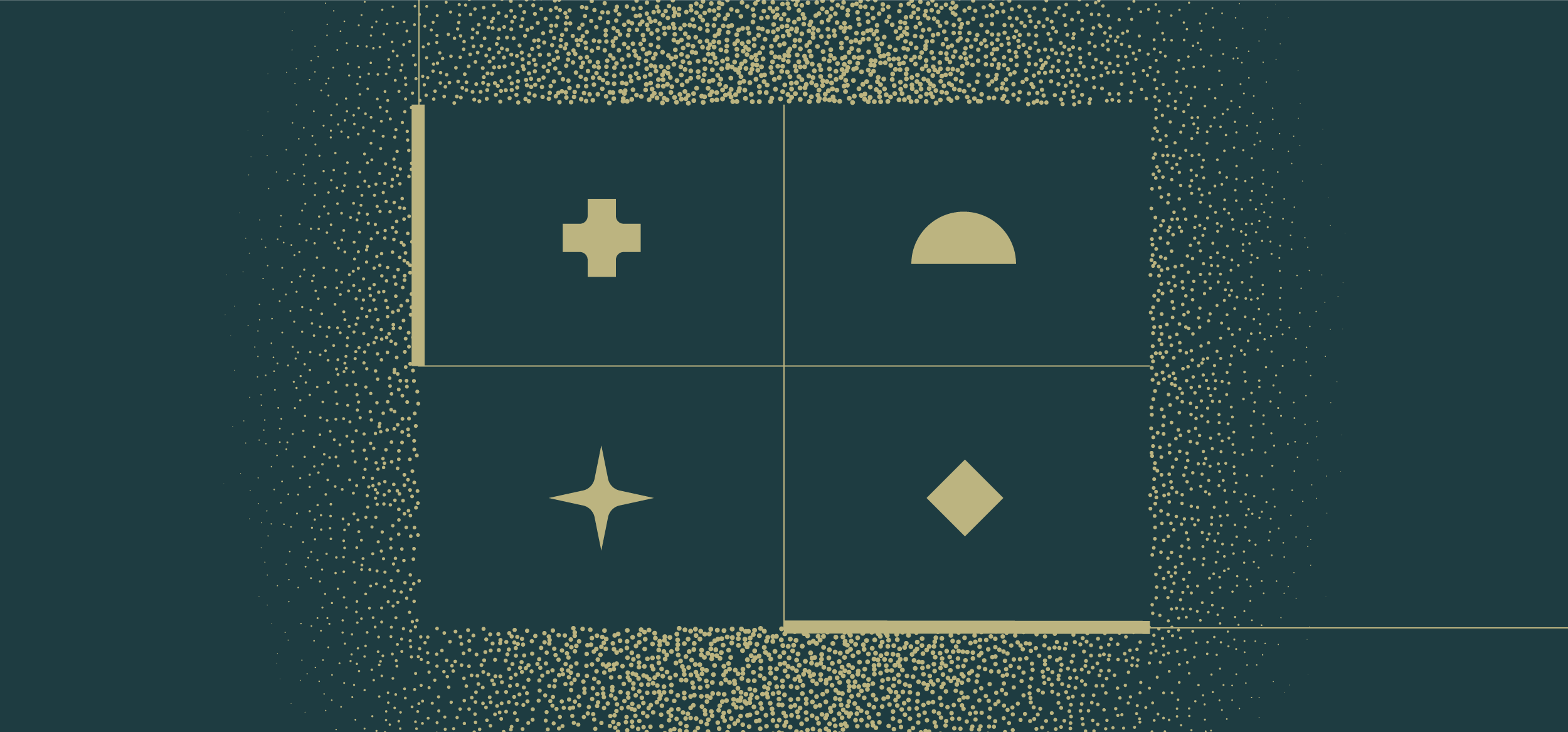 Abstract graphic with four geometric shapes inside a square, surrounded by dotted patterns on a dark background.
