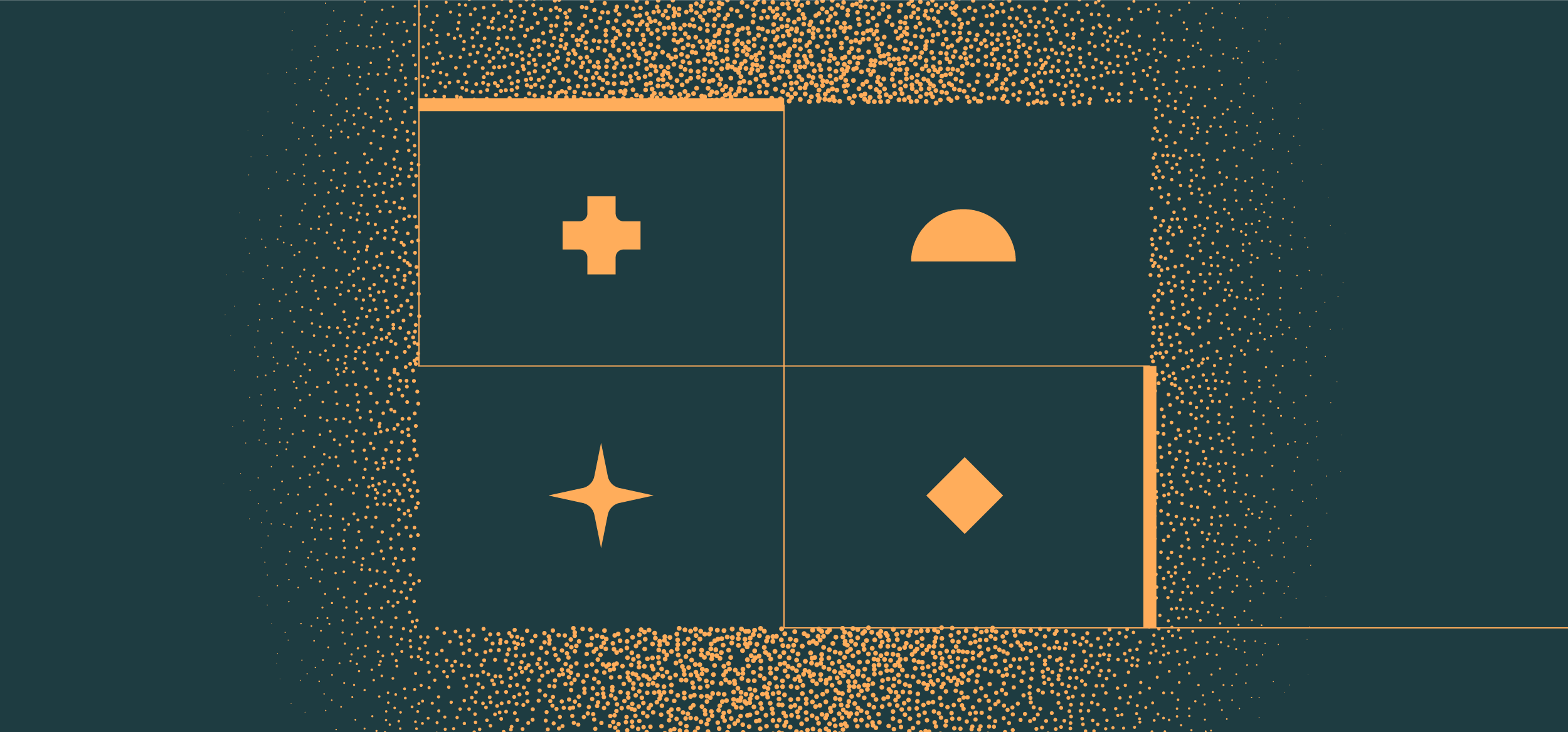 Icons of a plus sign, half circle, star, and diamond arranged in a grid on a dark background with orange dots.