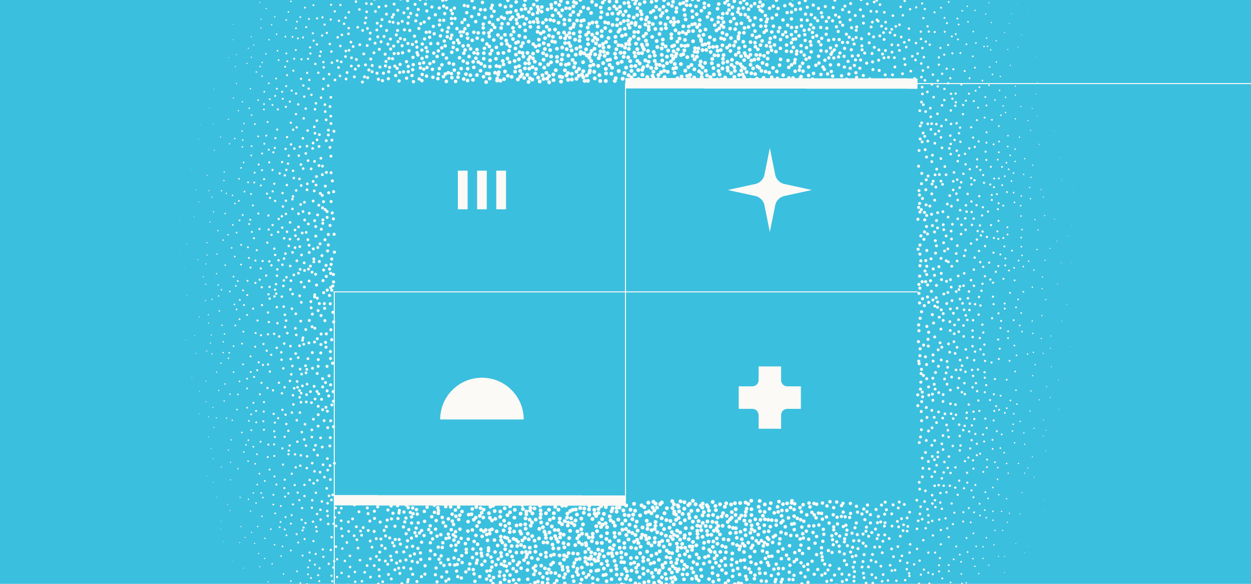 Abstract digital illustration with icons representing resources, webinars, and health symbols on a blue background.