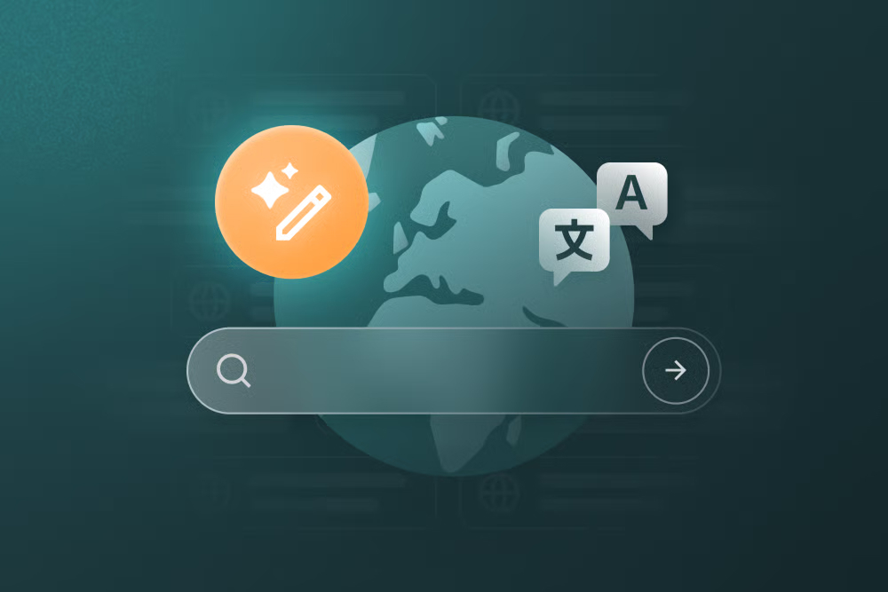 A globe with language and search icons, a pencil icon for editing, and a search bar with a submit arrow.