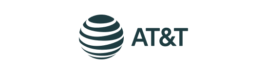 AT&T logo featuring a globe with horizontal stripes and the company name in bold letters.