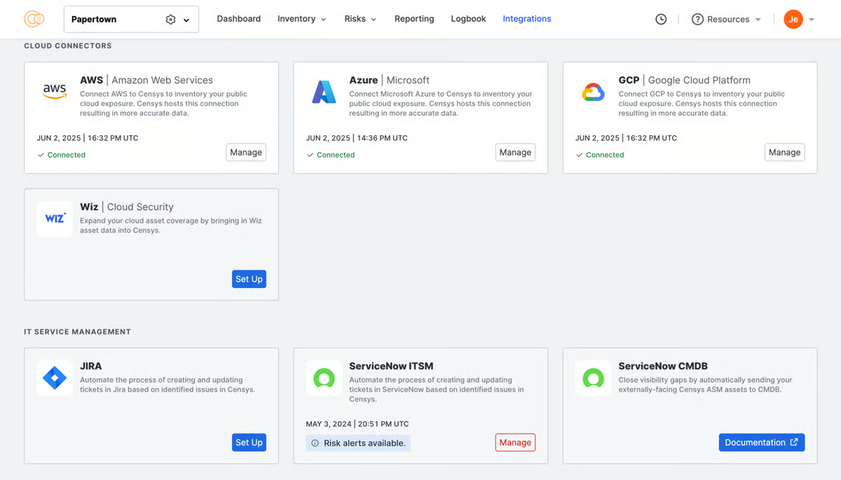 Cloud connectors for AWS, Azure, GCP, and Wiz integrated into Censys Attack Surface Management platform.