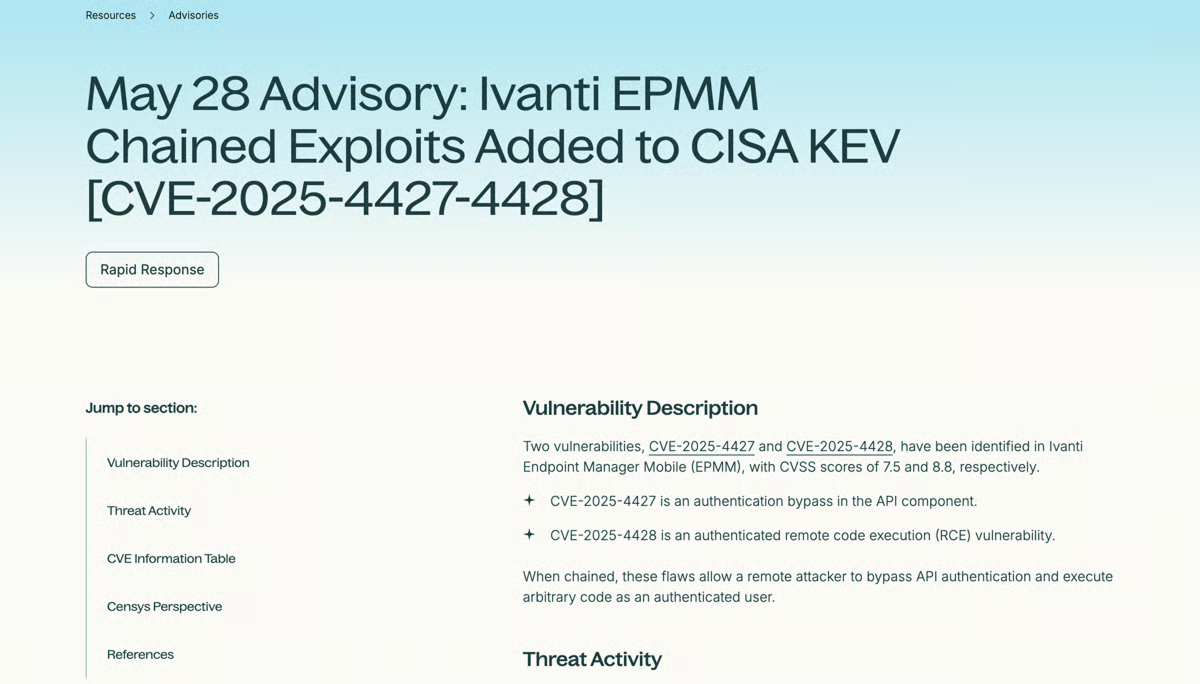 A cybersecurity report page highlighting May 28 advisory on chained exploits in Ivanti EPMM affecting CISA KEV.
