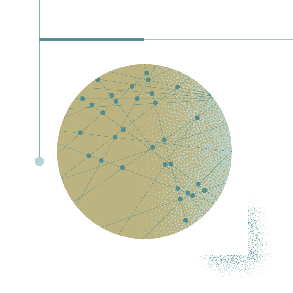 A network of interconnected nodes and lines forming a spherical shape, representing cybersecurity industry connections.
