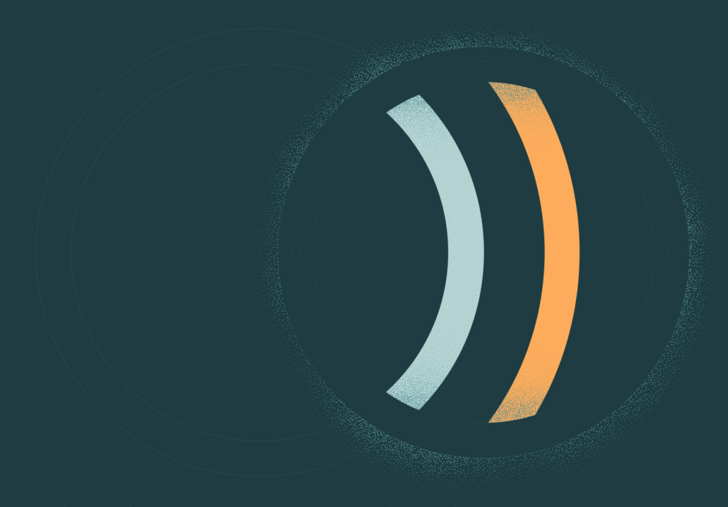 A stylized eye with concentric rings and dotted patterns in shades of blue, orange, and white on a dark background.