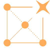 Orange AI-driven icons depict interconnected nodes and relationships within a network diagram.