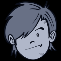 A cartoon-style headshot of a person with medium-length dark hair, smiling slightly.