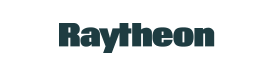 The Raytheon logo features the company name in bold, dark blue letters with a stylized red and blue arrow symbol.