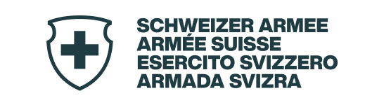 A shield with a white cross and the words "Schweizer Armee" in German, French, Italian, and Romansh.