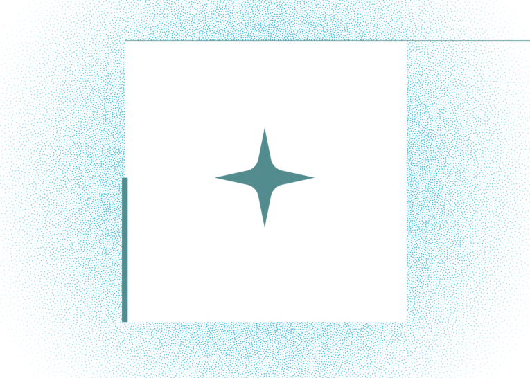 A black square with a teal star-like symbol in the center, surrounded by a teal dotted border.