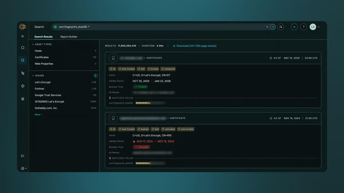 Search results from Censys Certificate Database displaying certificate details, issuer, validity, and trust status.