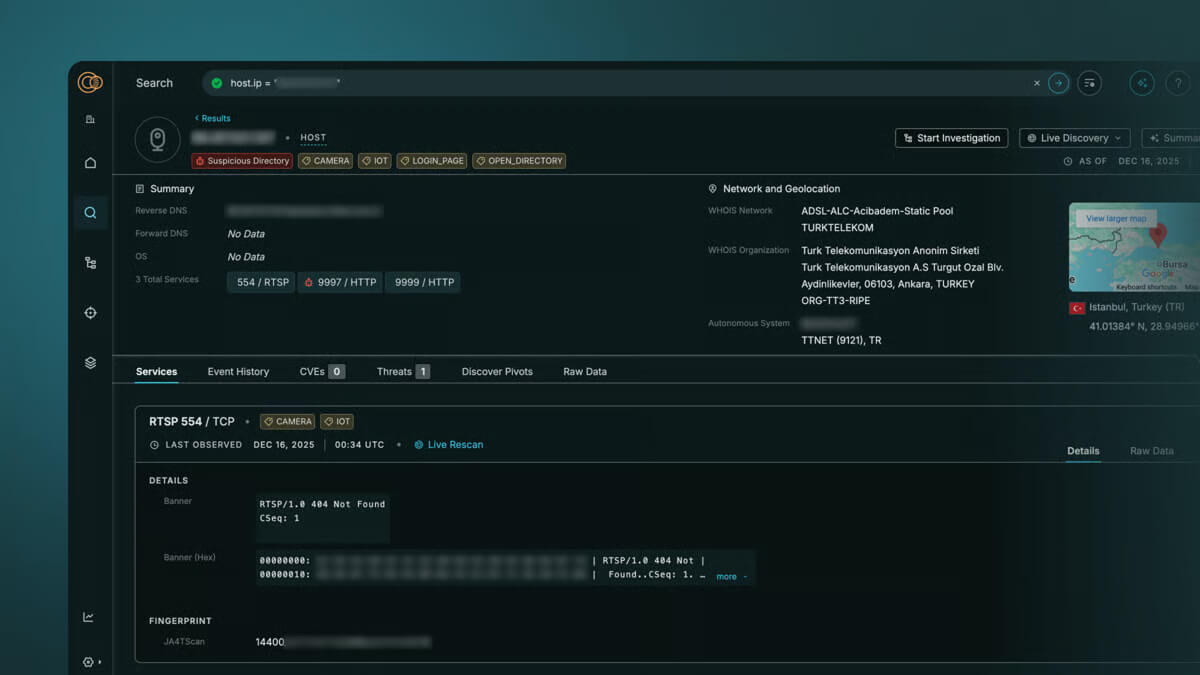 Censys Search interface displaying fingerprints, exposures, threats, network details, and investigation options for a host.