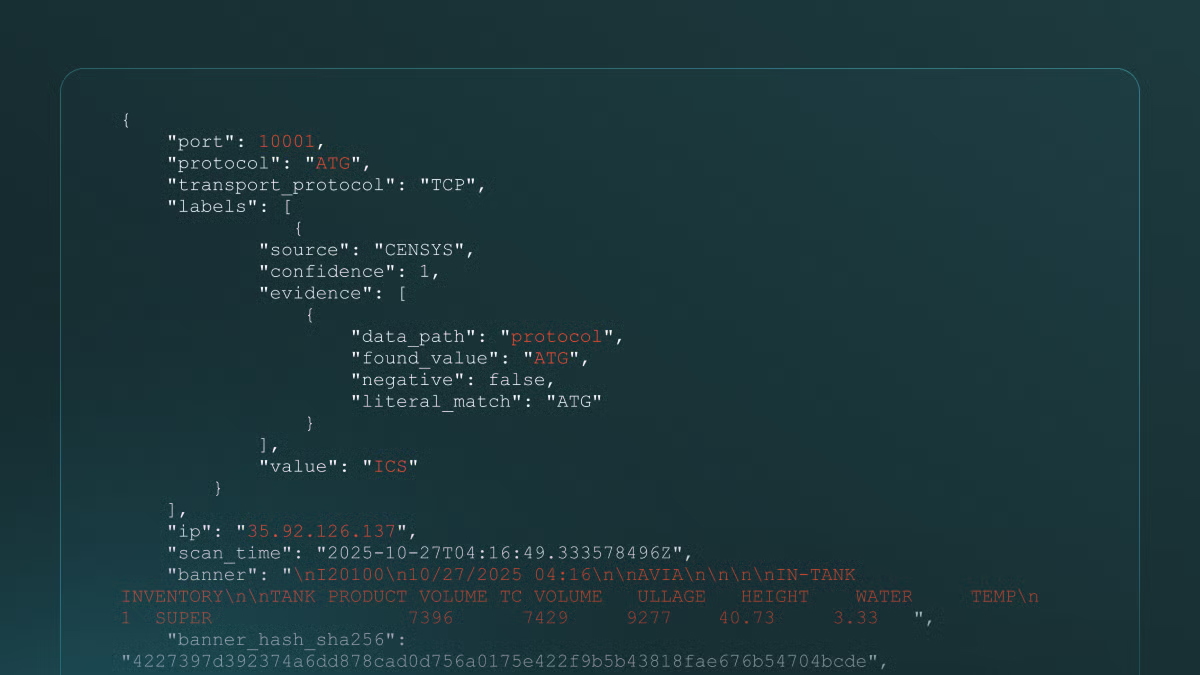 JSON data showing Censys Threat Hunting API details, including IP, scan time, and a security banner with inventory info.