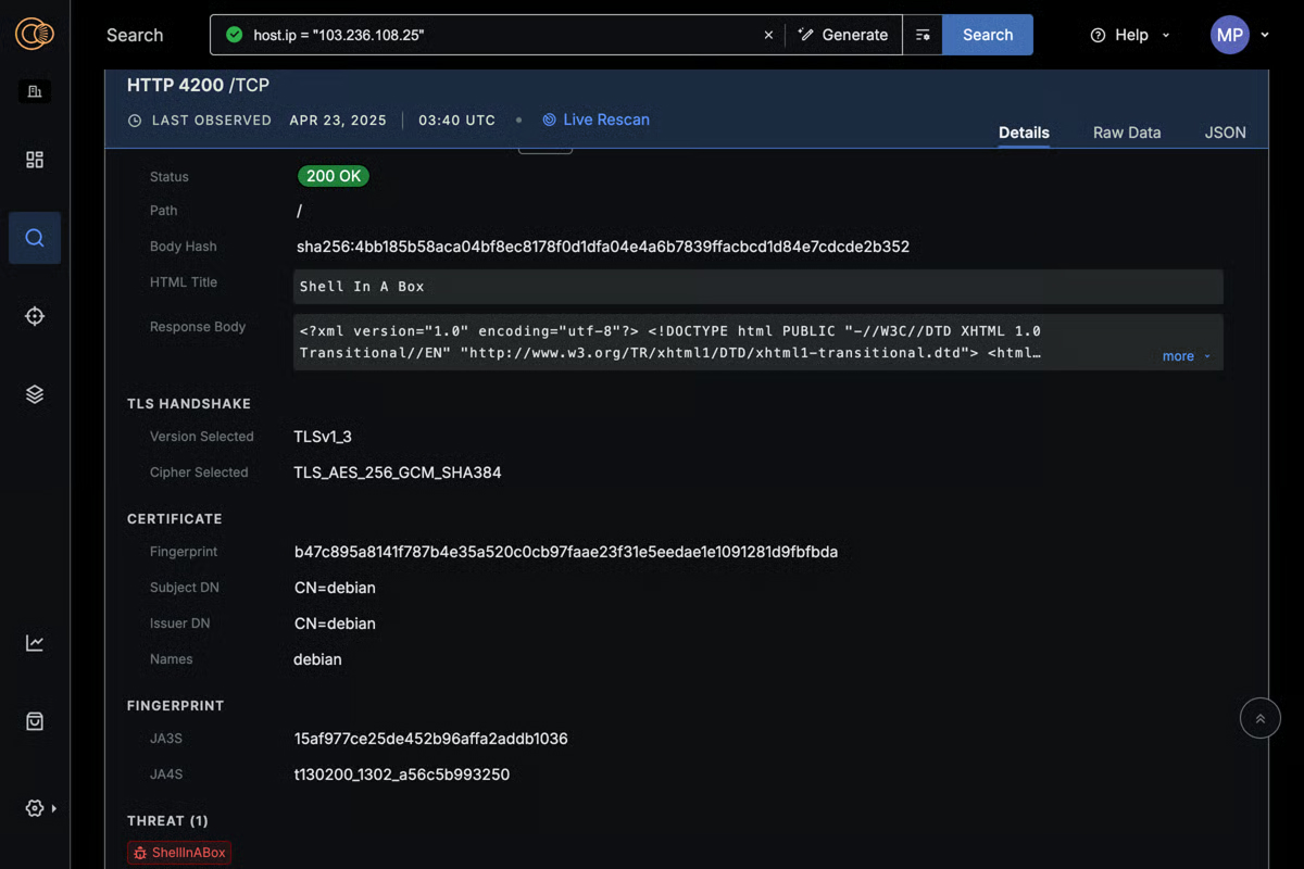 A Censys Threat Hunting dashboard displays a TCP response with a shell in a box HTML title, hashes, and a flagged threat