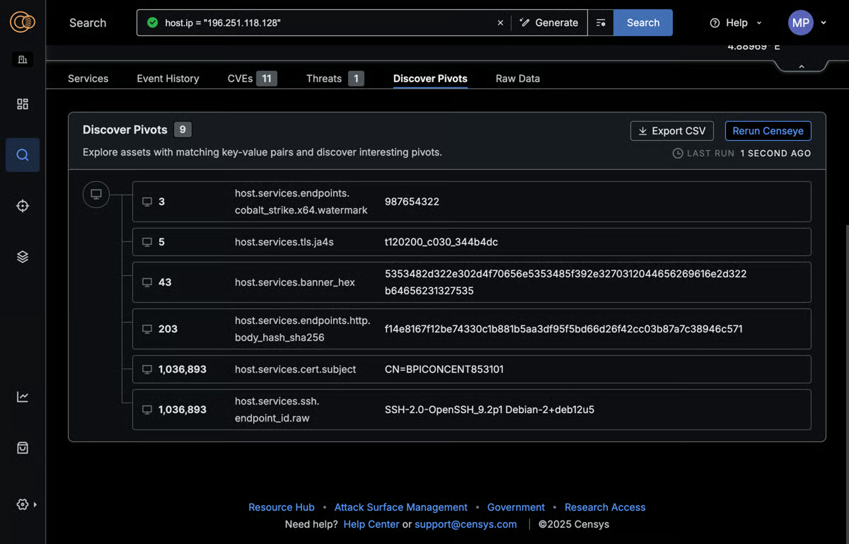 Dashboard displaying discovered asset pivots with key-value pairs and endpoint details for automated threat hunting.