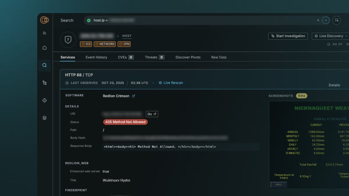Censys Threat Hunting interface displaying exposure evidence with a 405 error message and attribution details.