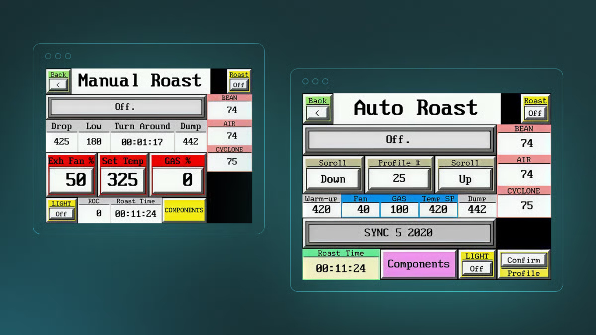 Screenshots of HMI interfaces for manual and auto roast modes, displaying temperature, time, and control settings.