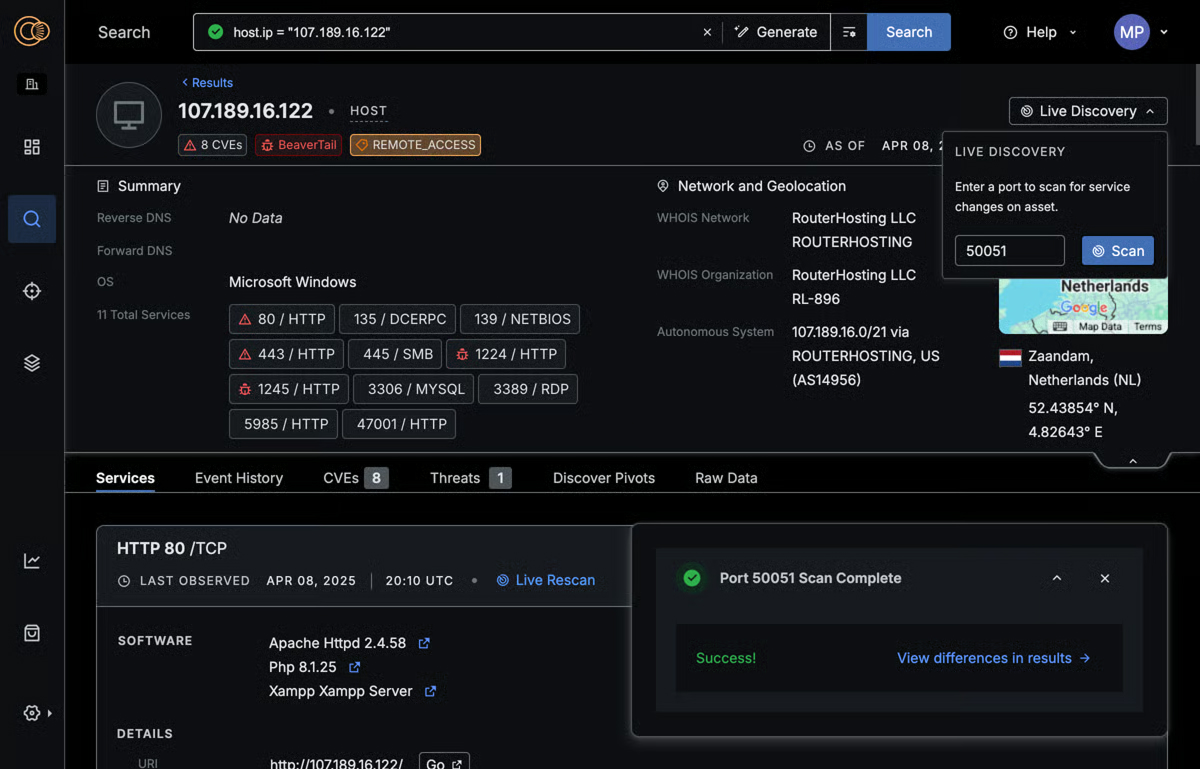 Censys on-demand scan interface showing a successful port 50051 scan on IP 107.189.16.122 with details of services and