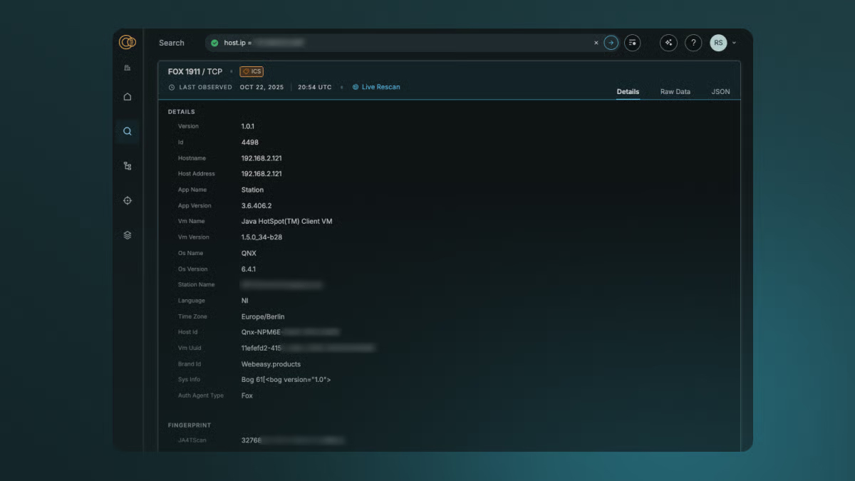 Censys Threat Hunting Protocol and Vendor Intelligence dashboard displaying detailed host and application data.