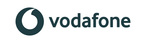 Vodafone logo featuring a dark teal speech mark symbol and lowercase "vodafone" text.