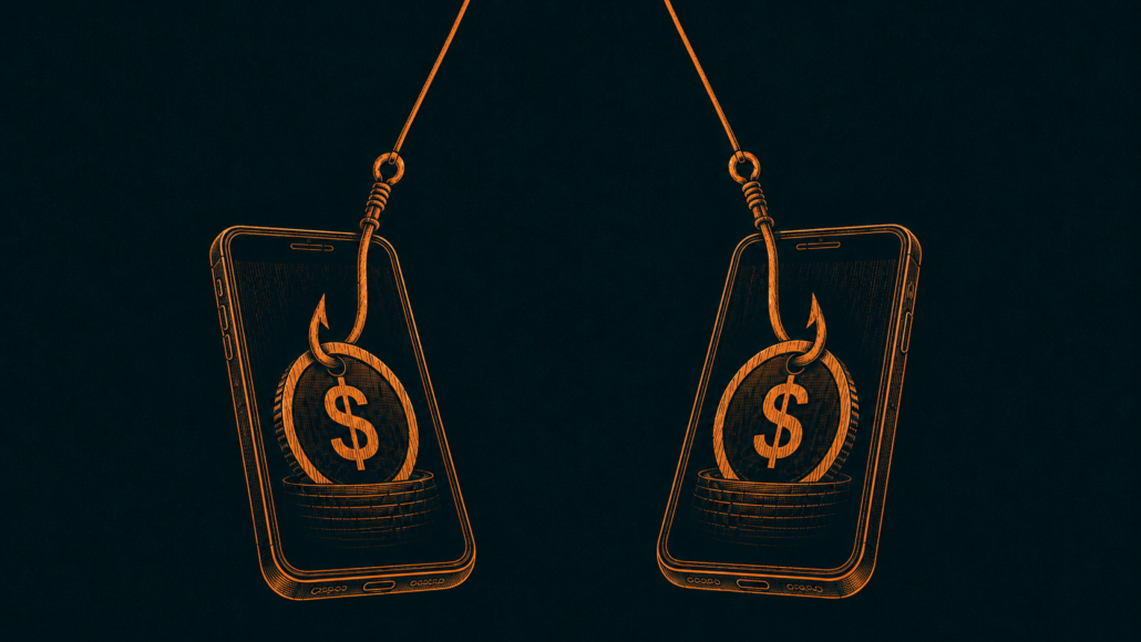 Illustration of two fishing hooks fishing coins from 2 mobile phones