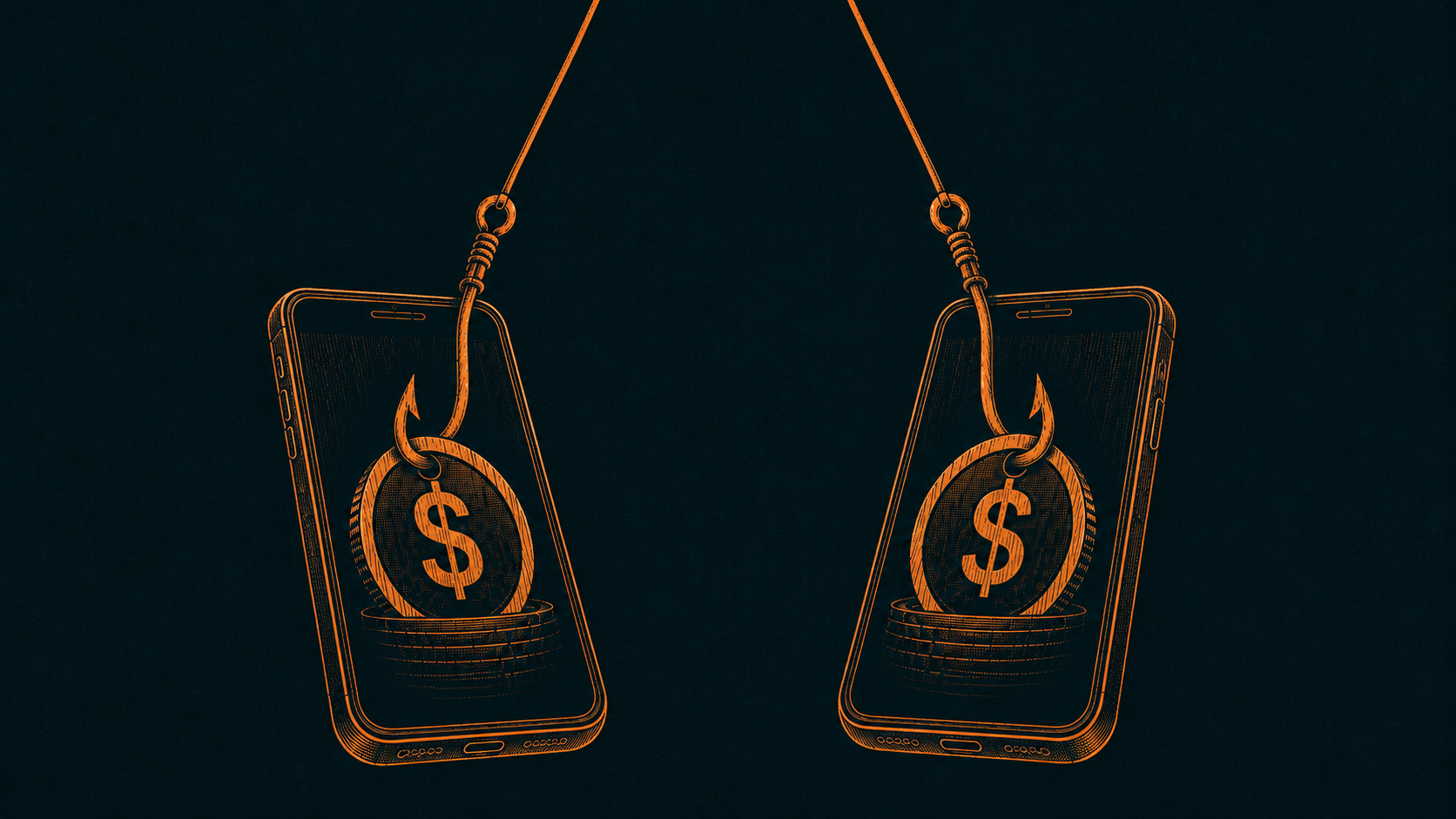 Illustration of two fishing hooks fishing coins from 2 mobile phones